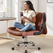 COOLHUT Criss Cross Office Chair with Flip Padded Backrest, Comfy PU Leather Cross Legged Desk Chair, Flip-Up Arms & Extra-Wide Seat for Home Office, Vanity Chair, Brown