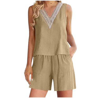 Birdeem 2Pc Fashion Woman Round Neck Solid Sleeveless Blouse +Loose Cotton Linen Pockets Pants Short Sets