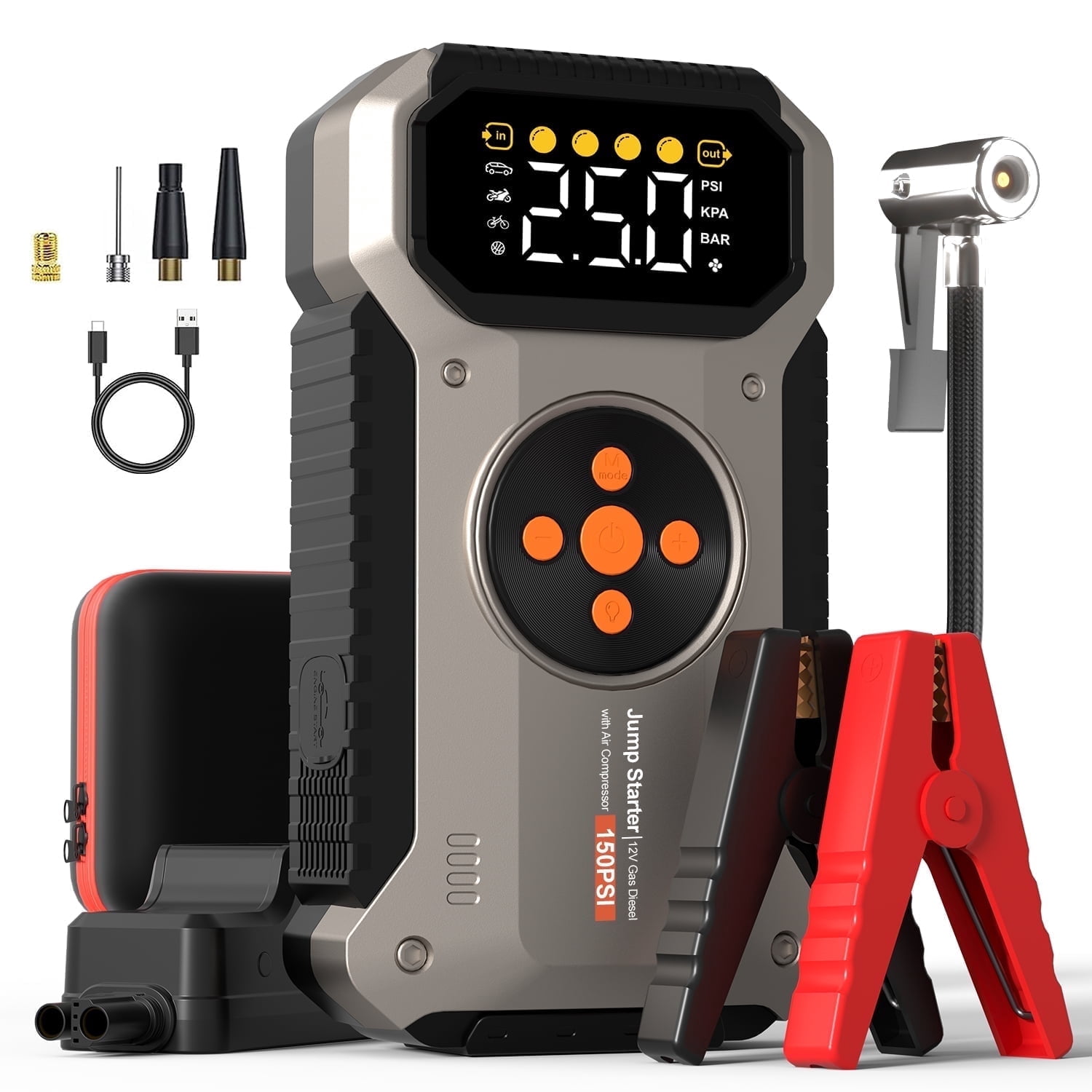 Geeneu 5000A Car Battery Jump Starter with 150 PSI Air Compressor, 12V Jump Box with Jumper Cables(8.5L Gas/ 7.0L Diesel), LCD Display