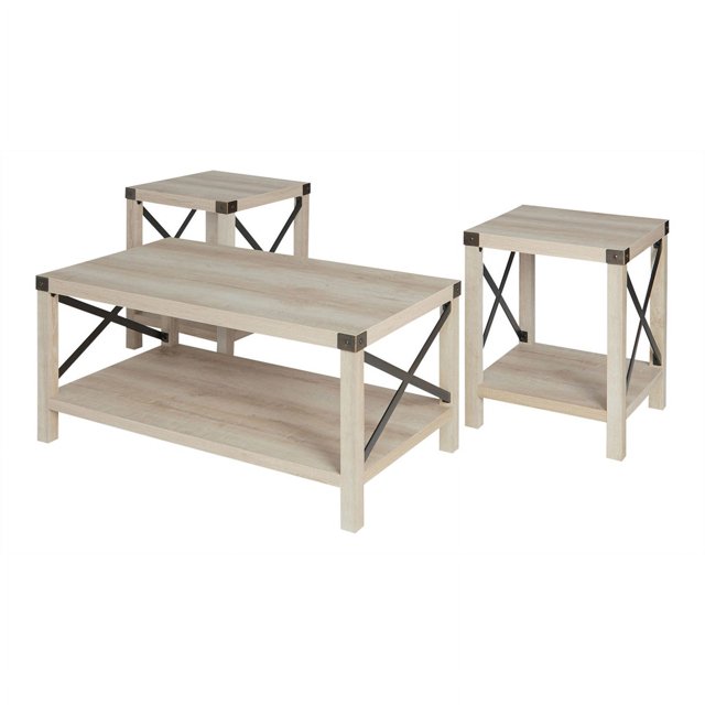 Walker Edison Metal X 3-Piece Wood and Metal Coffee Table Set in White Oak