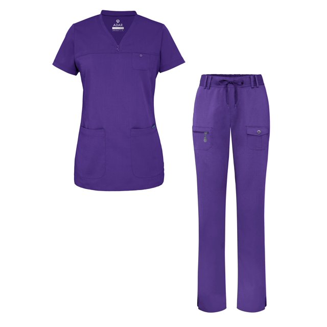 Adar Scrub Set for Women - Curved V-Neck Scrub Top & Tapered Drawstring Scrub Pants - 4402 - Grape - M