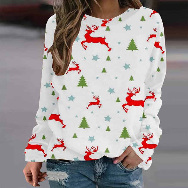 Costumes de Noël en Solde Mode Femmes Imprimé Manches Confortable Respirant Sweat-Shirt Col Rond Surdimensionné pour Femmes
