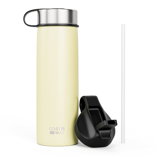 Costway Bouteille d'Eau Isolée à Double Paroi 22 oz en Acier Inoxydable avec 2 Couvercles et Paille