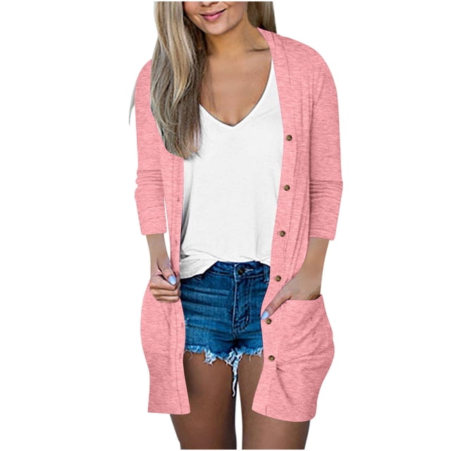 Womens Soft Button Down Cardigan Long Sleeve Light Weight Shirts Jacket Comfy Loose Fall Lounge Wear Tops Watermelon Red, L