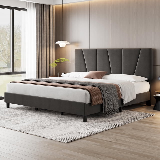 QinaQin Bed Frame with Adjustable Headboard, Modern Linen Upholstered Double Platform Bed Frame, Wooden Slat Support, No Spring Mattress Required