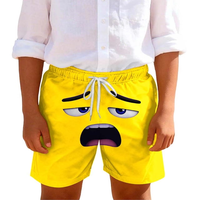 Wo-Fusoul Swim Trunks for Boys and Girls, 5-14 Years, Solid Color with Cute Expression Print, Breathable Summer Shorts with Pockets for Beach, Home, or Pool