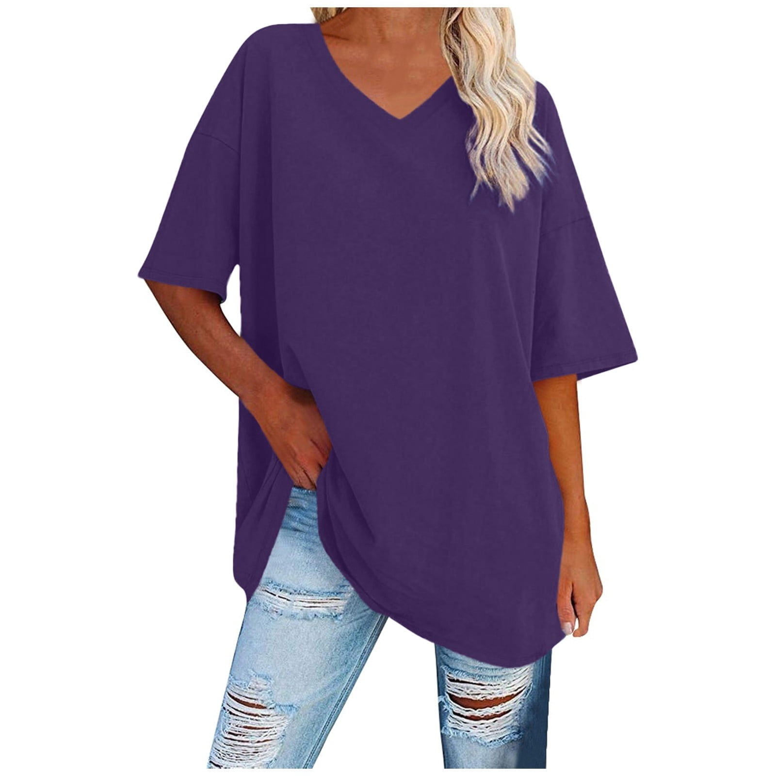 WEIYLL Tshirt for Women Ladies Basic Solid Color V Neck Short Sleeve Dark Purple Tops Sizes S