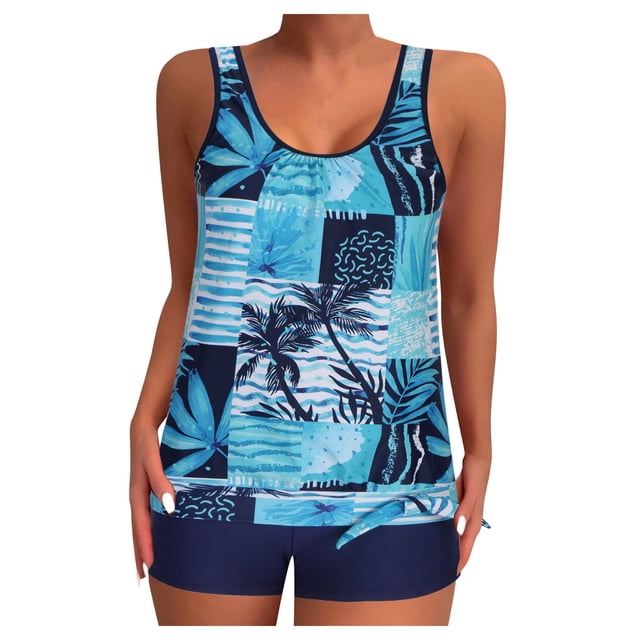 UPPADA Womens Plus Size Two Piece Tankini Swimsuits Twist Front High Waist V Neck Swimwear Floral Tummy Control Modest Bathing Suits with Bottom Two Piece Swimsuit for Women Blue,S
