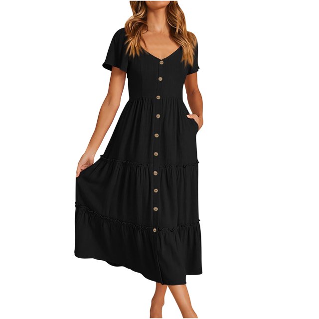 Robes d'Été Grande Taille pour Femmes 2024 Décontractées à Manches Courtes, Boutonnées, Col en V, à Étages, Ligne A, Fluides, Robe Midi de Plage avec Poches, Économisez jusqu'à 65 % de Rabais!