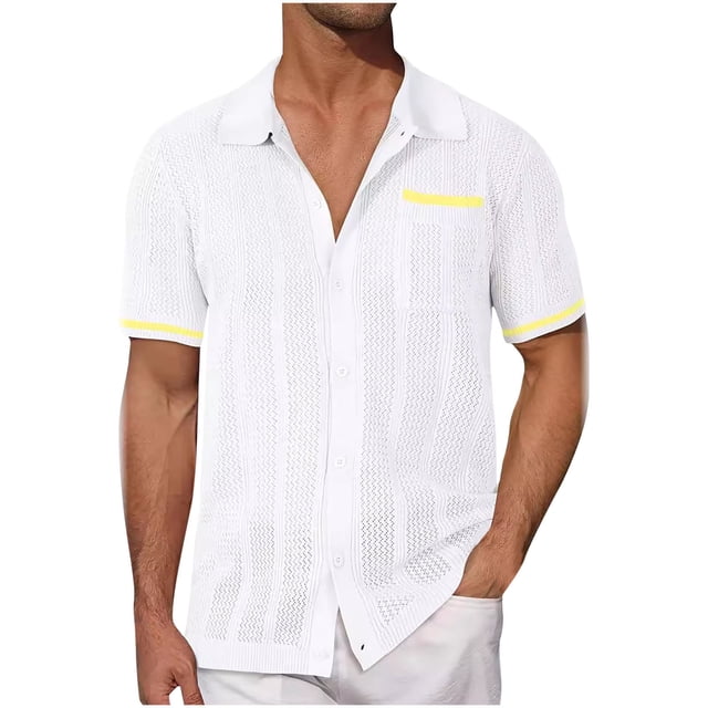 QIPOPIQ Mens Knit Button Down Shirt Short Sleeve Button Up Shirt Summer Casual Beach Tops Clearance