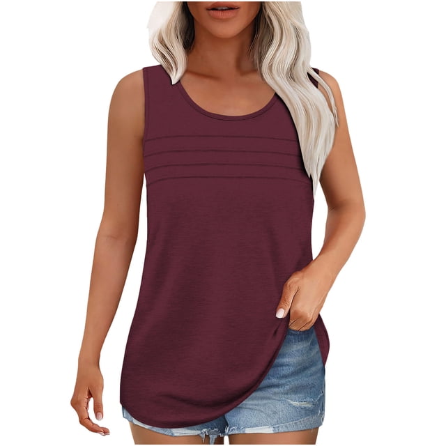 Besolor Womens Summer Sleeveless Shirts 2025 Casual Round Neck Tank Tops Loose Solid Color Basic Tee Plus Size