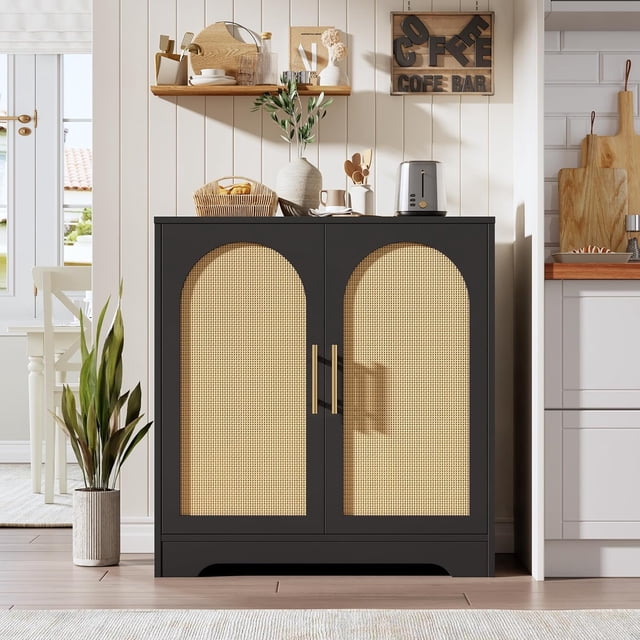 GloryStar Modern 30" Rattan Buffet Cabinet, 4-Door Sideboard and Coffee Bar for Living Room or Entryway