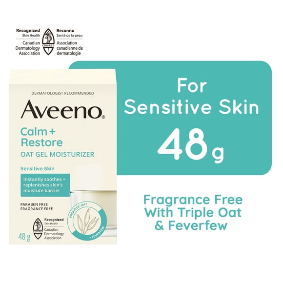 Hydratant visage en gel à l’avoine Aveeno Calm+Restore pour peau sensible, gel-crème visage léger à l’avoine prébiotique et à la grande camomille, hypoallergénique, sans parfum ni parabènes, 48 g