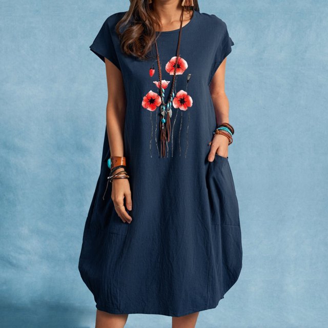 SMihono Robes Bohèmes d'Été pour Femmes Grande Taille Robe Unie à Manches Courtes à Col Rond Robe Imprimée avec Poches Robe Midi