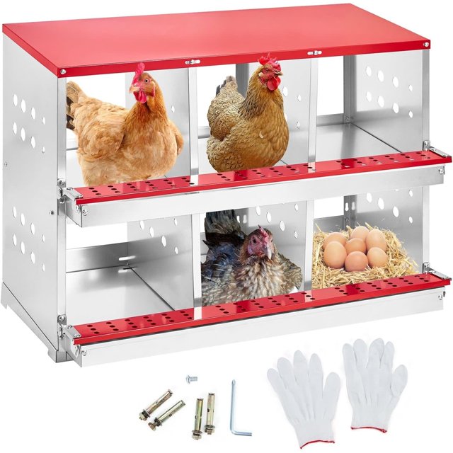 QinaQin Galvanized Steel Chicken Nesting Box with 6 Compartments Hole Perch Dot Ventilation Red with Cover