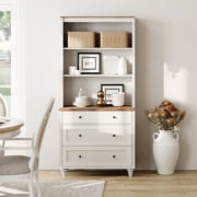 WAMPAT 3-Tier Bookshelf, 3 Drawers, 72" Tall Bookcase, Farmhouse Library Bookshelves, Wood Bookshelves for Living Room, Kitchen, White&Oak