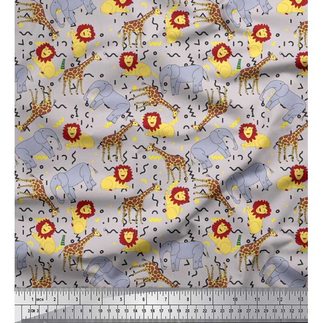 Soimoi Gray Polyester Crepe Fabric Lion,Giraffe & Elephant Kids Print Sewing Fabric BTY 52 Inch Wide