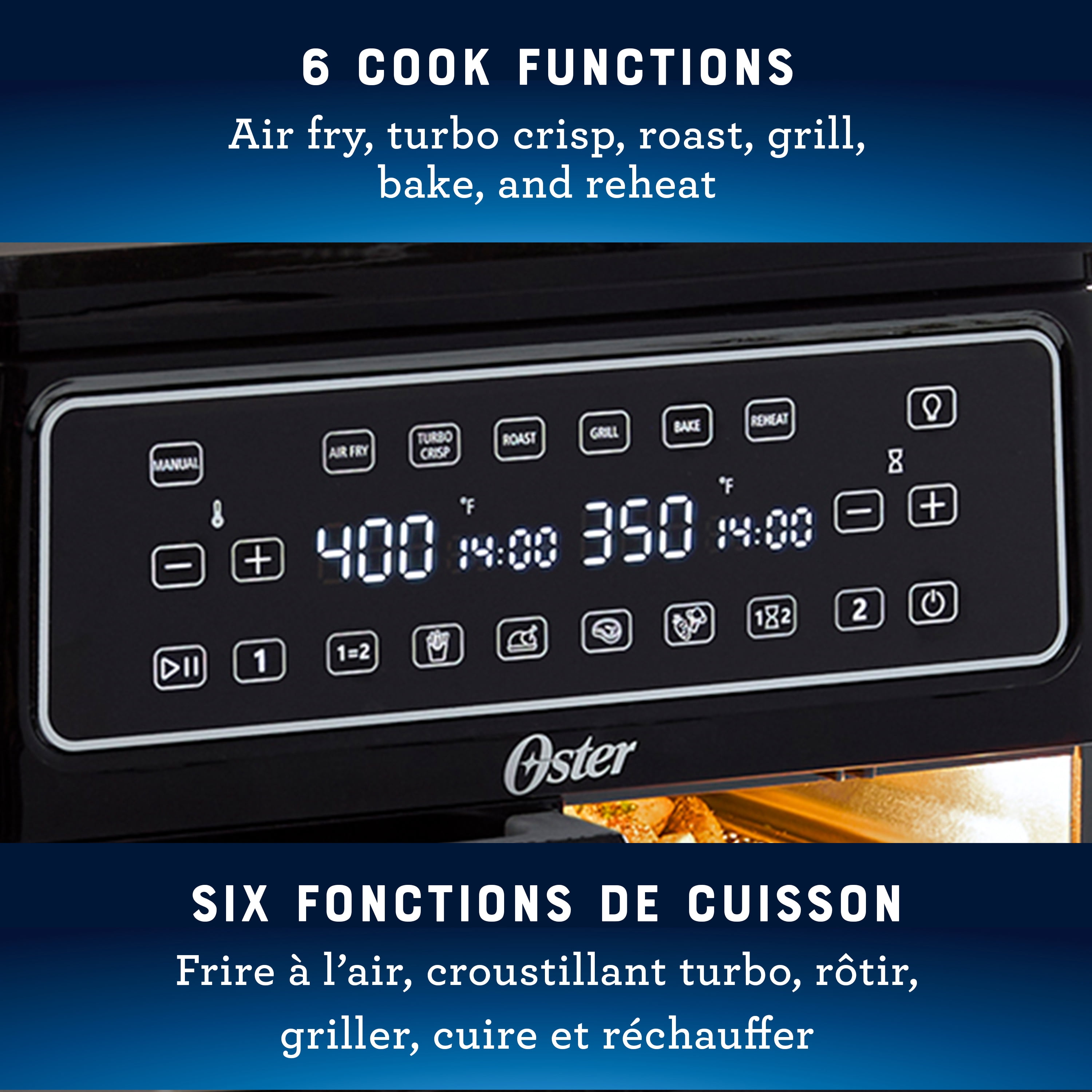Four friteuse à air Flex de 10,4 L, friteuse à air double avec deux zones de cuisson, friteuse à air double avec six fonctions de cuisson, grande friteuse à air avec deux paniers à friture Oster