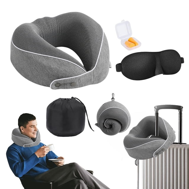 Wzzjkit 4PCS Neck Pillow with Eye Mask Earplugs Storage Bag, Breathable Travel Airplane Pillow, Solid Color Travel Pillow for Plane Car Home Recliner Use
