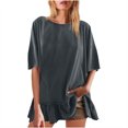 thumbnail image 1 of AherBiu Womens Summer Tops Casual Short Sleeve Drop Shoulder Crewneck Comfy T Shirts Loose Ruffle Patchwork Tops, 1 of 7