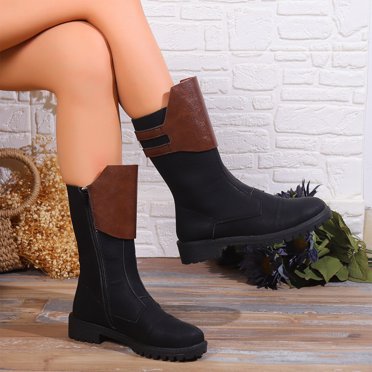 EGNMCR Bottes d'Hiver pour Femmes, Bottes d'Hiver pour Femmes Bottines Rétro Élastiques pour Femmes Mode Talon Plat Bout Rond Botte Mollet à Talon Plat Bottes pour Femmes