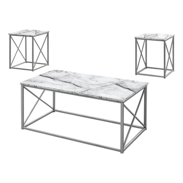 Monarch Specialties Ensemble De Table, Ensemble 3pcs, Café, Bout, Côté, Accent, Salon, Métal, Stratifié, Aspect Marbre Blanc, Gris, Contemporain, Moderne