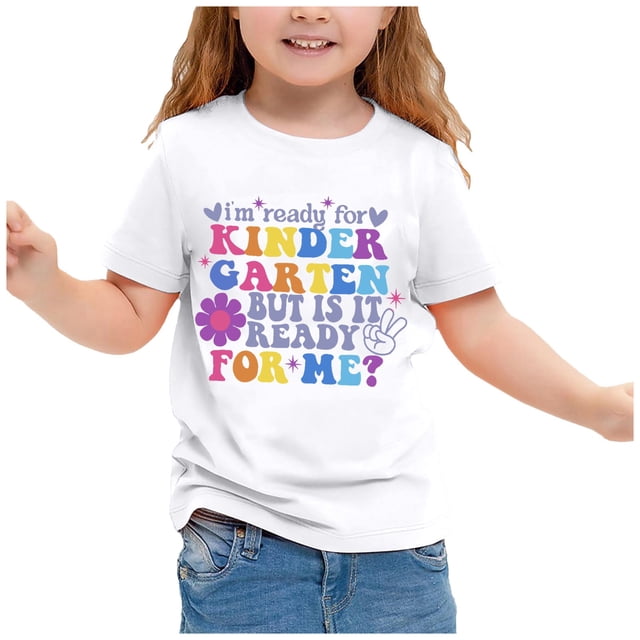 TZEWGL Mignon Imprimé Lettre Manches Courtes Col Rond Chemise Basique pour Tout-Petit Blouse pour Enfants Taille 5-6T