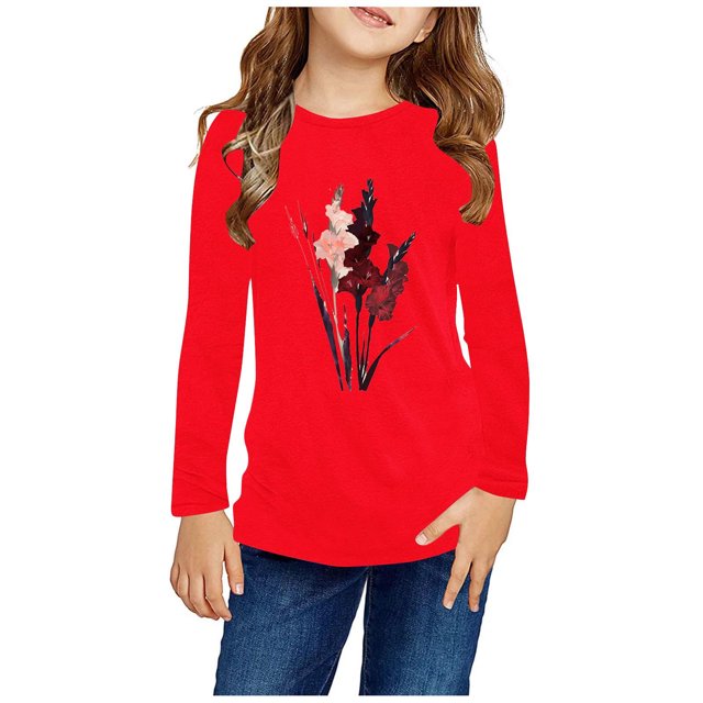 RXIRUCGD Chemises à Manches Longues pour Filles, Col Rond Mignon, Blouses Décontractées Élégantes (Rouge, Taille : 7 Ans)