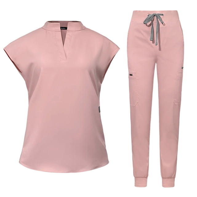Ensemble de Sarraus pour Femmes, Haut de Sarrau Extensible à Col Montant et Pantalon Jogger à Cordon avec Multiples Poches, Anti-Froissement, Uniforme de Travail Infirmier, Col Montant, Uniforme Médical Confortable, Rose