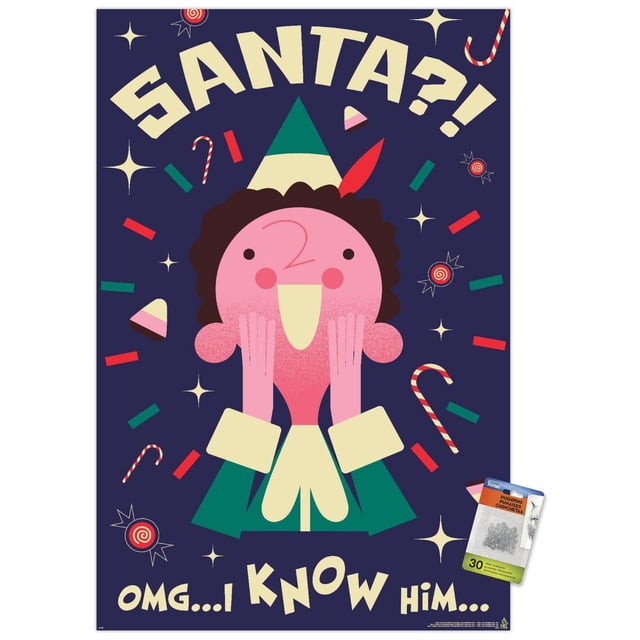 Elf - Affiche Murale « I Know Him », 14,725 Po x 22,375 Po Encadrée, Représentant un Elf de Dessin Animé Orienté vers l'Avant avec un Visage Rose, des Cheveux Bruns Bouclés, Tenue Verte et Crème, et un Chapeau Vert avec une Plume Rouge. le Fond Bleu Foncé Présente des Cannes de Bonbon, des Étoiles et des Confettis Rouges et Verts. le Texte Se Lit « Santa?! OMG... I Know Him... ». Idéal pour une Déco Murale festive Ou des Contextes