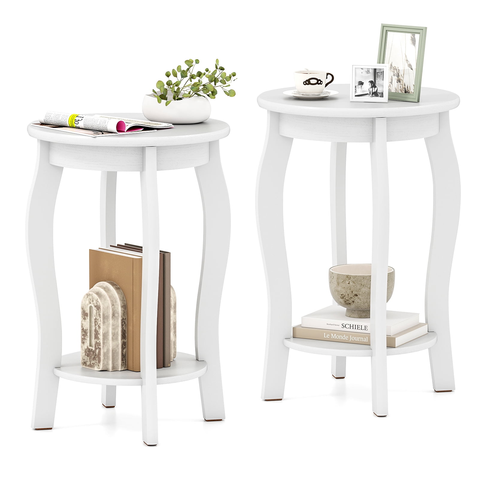 Gymax 2-Tier Round End Table Set of 2 Narrow Sofa Side Nightstand w/ Storage Shelf