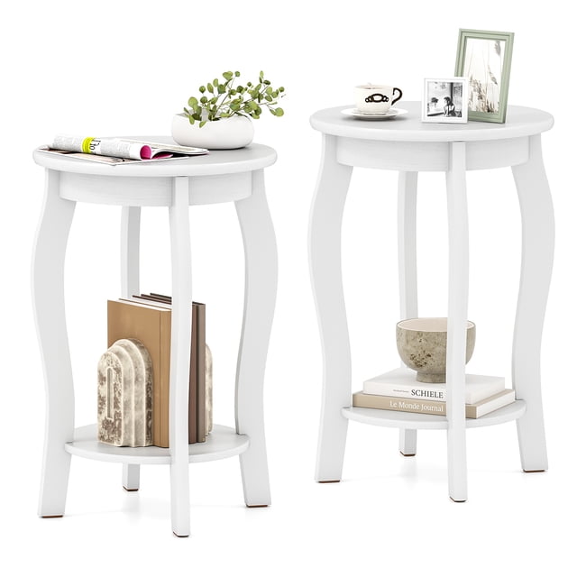 Gymax 2-Tier Round End Table Set of 2 with a compact design, featuring white MDF and rubber wood construction. Each table includes a round tabletop and a lower shelf for storage, suitable for narrow spaces like bedrooms, living rooms, or offices. Solid wood legs ensure stability, and the smooth surface allows easy cleaning. Often used as nightstands, side tables, or display racks for books, plants, and decorative items.
