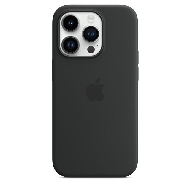iPhone 14 Pro Silicone Case with MagSafe in midnight color, featuring a soft-touch silicone exterior and Apple logo on the back, designed for iPhone 14 Pro Max with built-in magnets for precise MagSafe alignment and faster wireless charging, also ideal for protecting the phone from scratches and drops.