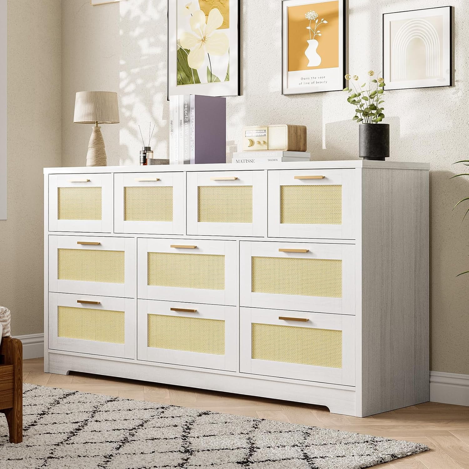 10 Drawers Dresser for Bedroom, Rattan Chest of Drawers with Spacious Tabletop & Handles, Closet Dresser Organizer TV Stand for Living Room, Hallway(60"x16"x32"), White
