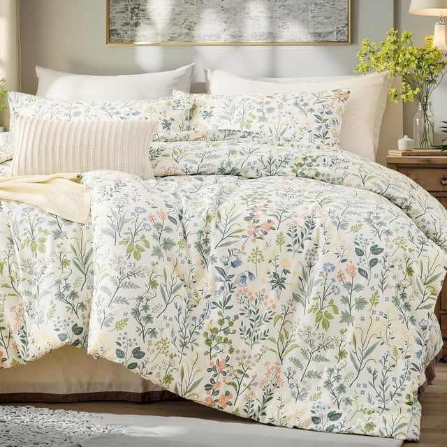 Nayoroom 3 Pieces Soft Microfiber Boho Floral Duvet Cover Green Botanical Full Bedding Set with Colorful Flower Print Pattern