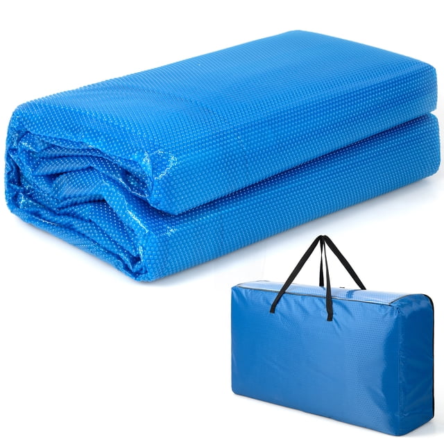 Patiojoy 18ft x 36ft Rectangle Swimming Pool Cover, a 12-MIL heat-retaining solar pool cover made of durable PE material in blue. Designed with thousands of bubbles for heat absorption, reducing water evaporation by 95%. Suitable for above-ground and in-ground pools. Includes a blue carrying bag with handles for convenient storage.