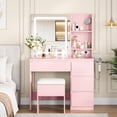 thumbnail image 1 of EDTara Vanity Desk with LED Mirror, Makeup Vanity Desk with 4 Drawers, Power Outlets, Storage Stool, Storage Shelves & Hair Dryer Holder , Adjustable 3 Lighting Modes, Makeup Vanity Set for Bedroom, 1 of 9