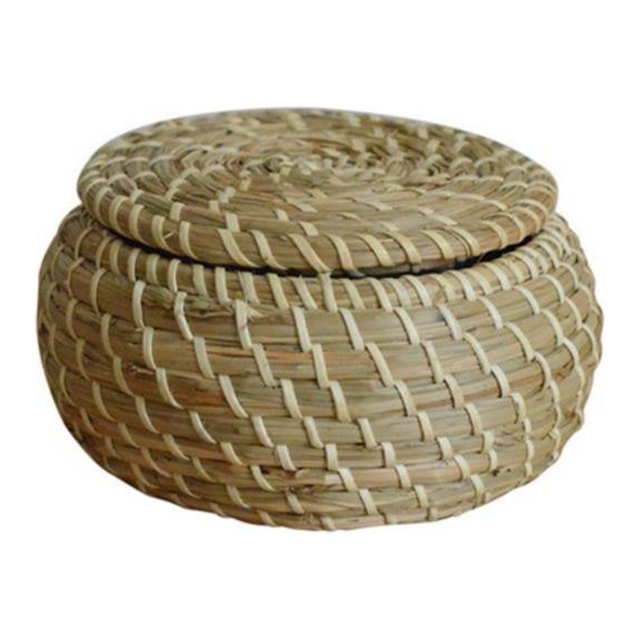 3-Piece Mini Straw Woven Hand-Woven Storage Basket With Lid Small Seaweed Box Desktop Storage Basket Bathroom Desktop Kitchen Toy Key Fruit Cosmetic Storage Box