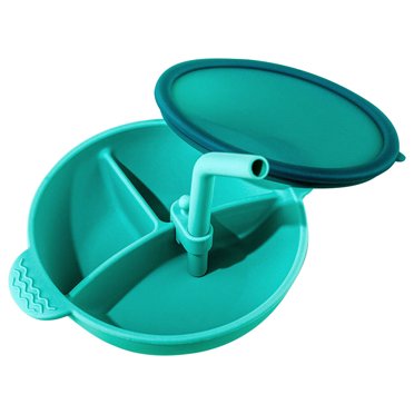 Bol pour Bébé en Silicone Plat Divisé Assiette pour Bébé avec Couvercle Paille Plat d'Entraînement pour Tout-Petits Cadeau pour Filles Garçons, Vert
