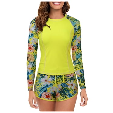 Kcodviy Women 2 Piece Long Mens Guard Short Sleeve Swim Shirt Sleeve Rash Guard with Guard Short Sleeve Built in Bra Swimsuits Guards for Men Surfing Upf 50+ Swim Shirt with Boyshort Bottom