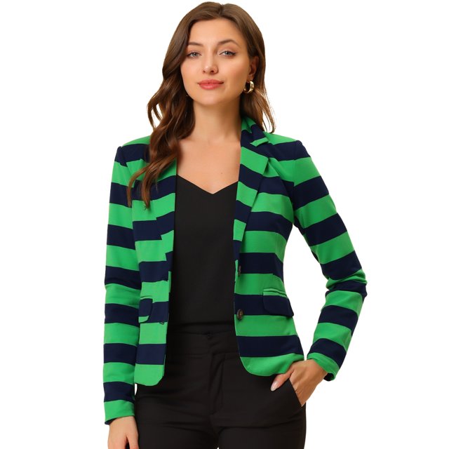 INSPIRE CHIC Blazer à Rayures pour Femme à Revers Cranté, Manches Longues, Boutonné, L Vert Marine