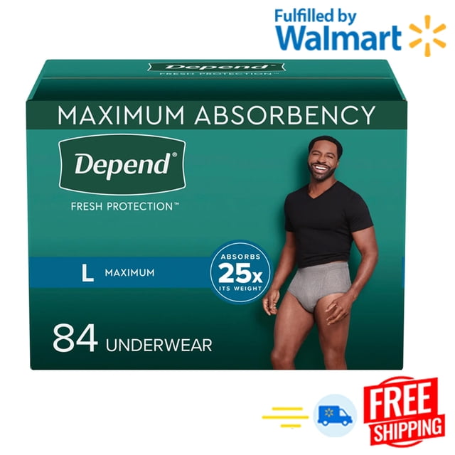 Depend Men's Maximum Absorbency Underwear, Large size, 84 counts. The packaging highlights features such as Fresh Protection, 25x absorption capacity, and a snug, underwear-like fit. Designed for incontinence care, it offers comfort and dryness with Confidence Core technology and an improved waistband for added security.
