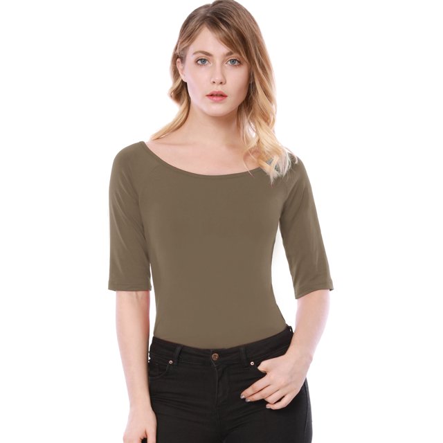 INSPIRE CHIC T-Shirt Ajusté à Manches Mi-Longues à Encolure Dégagée pour Superposition pour Femmes