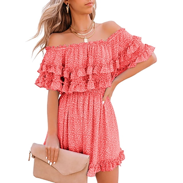 Women‘s Summer Off Shoulder Dress Pleated Flowy Neck Belt Printed Dress