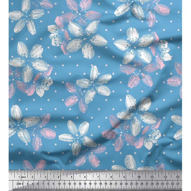 Soimoi Blue Rayon Fabric Dot & Floral Decor Fabric Printed BTY 42 Inch Wide