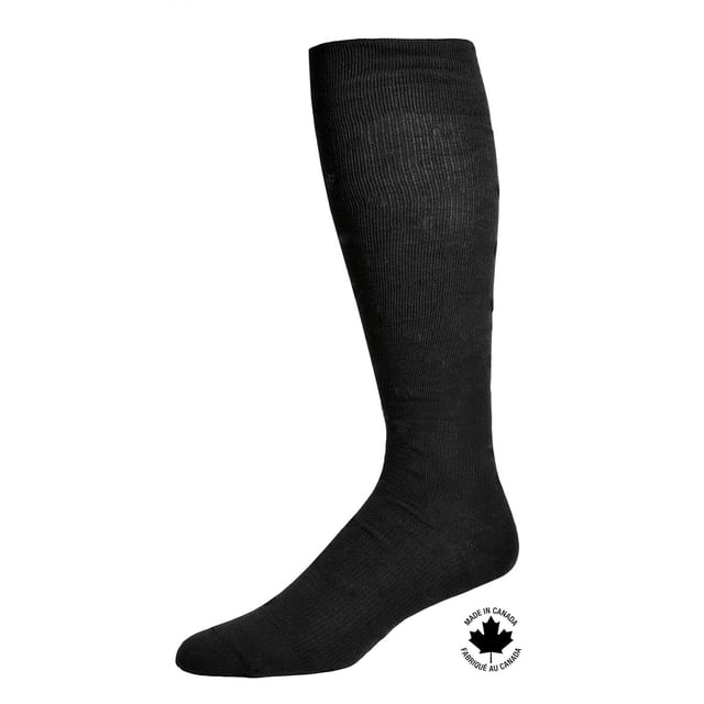 Paramedic Premium Compression Socks 15-20 mmHg Men Black (1 Pair) - Medium, black knee-high graduated compression sock made of mercerized Supima cotton with embedded silver yarn for antibacterial protection, designed to reduce swelling and enhance leg recovery, displayed on a white background with a Made in Canada maple leaf logo.