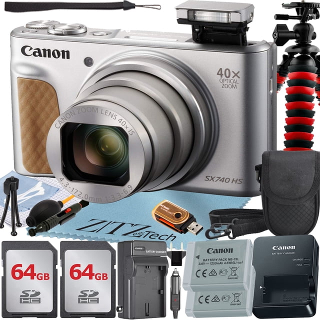 Canon PowerShot SX740 HS Digital Camera (Silver) with 2 Pack 64GB Memory Card + Case + Tripod + ZeeTech Professional Bundle