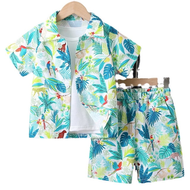 MIASHUI Toddler Boy Beach Outfit Set featuring a summer print button-down shirt and matching shorts in mint green. The shirt displays a vibrant tropical pattern with leaves, parrots, and jungle animals, paired with elastic-waist shorts in the same design. Made from a breathable cotton blend, this outfit is designed for comfort and style, suitable for boys aged 4-5 years. Ideal for summer activities like beach outings, holidays, or casual wear.