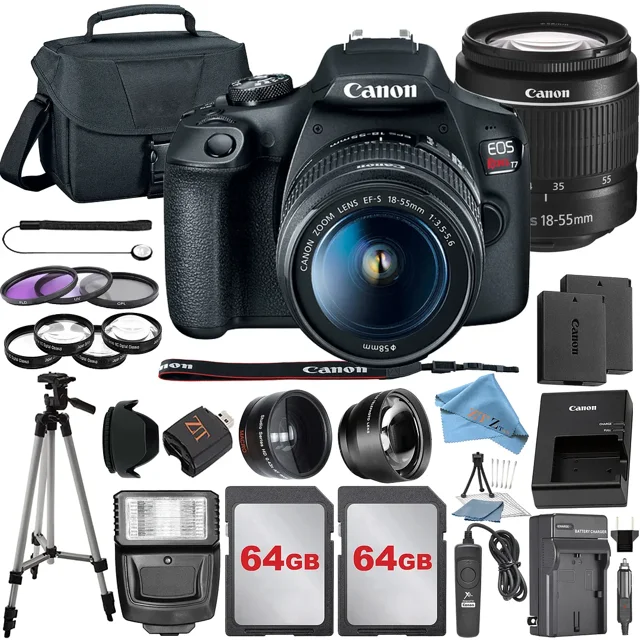 Canon EOS Rebel T7 DSLR Camera Bundle with 18-55mm Lens + 2 Pcs 64GB Memory Cards + Tripod + Deluxe Camera Case + Flash + ZeeTech Accessory Kit