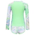 thumbnail image 2 of Jizyo Kids Girls 2Pcs Rash Guard Long Sleeve Zipper Wave Striped Printed Swim Top with Shorts Bathing Suit Fluorescent Green 9Y, 2 of 7